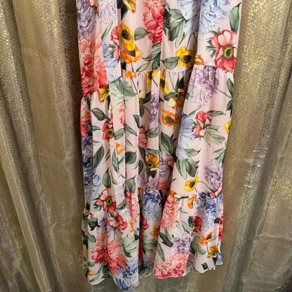Express Pink Floral Spring Chiffon Tie Strap Tiered Dress Small NWT - Picture 7 of 9